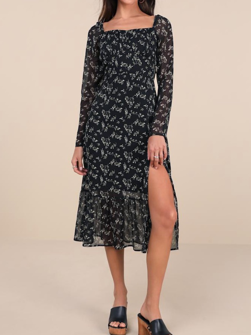 Lulu's Black Floral Perfectly Elevated Square-Neck Midi Dress with Side Slit